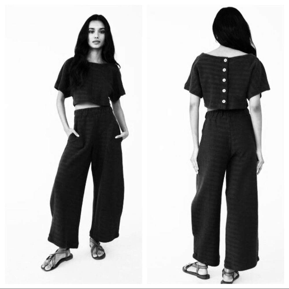 Free People Navy Blue Wide-Leg Jumpsuit Set with Button-Back Top